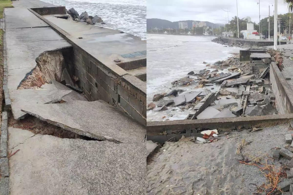 Cratera abre no calçadão da Praia da Enseada, em Guarujá, devido à força das ondas da ressaca