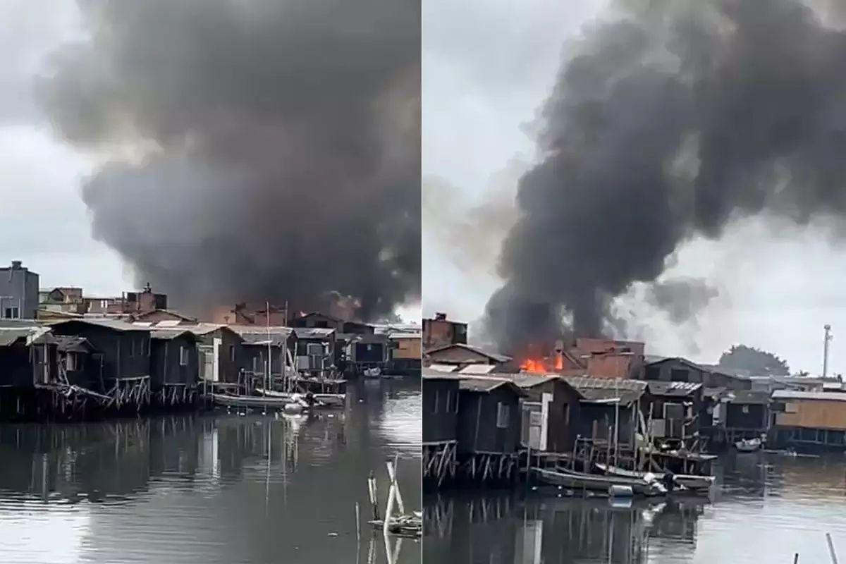 Incêndio de grandes proporções atinge dezenas de imóveis na Zona Noroeste de Santos
