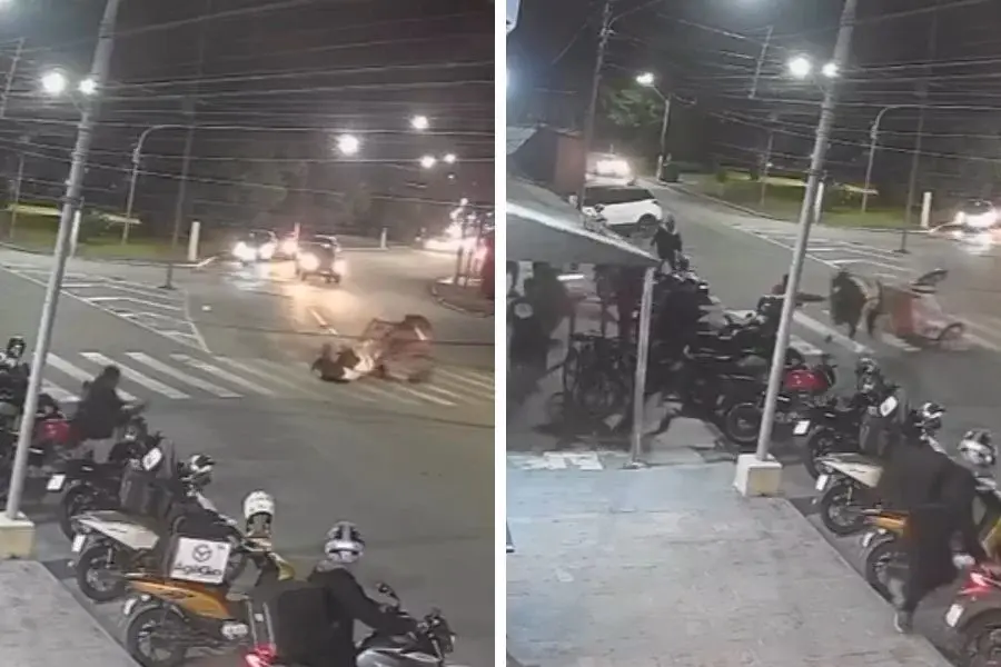 Duas pessoas ficam feridas após charrete descontrolada atingir motos em Guarujá; VÍDEO