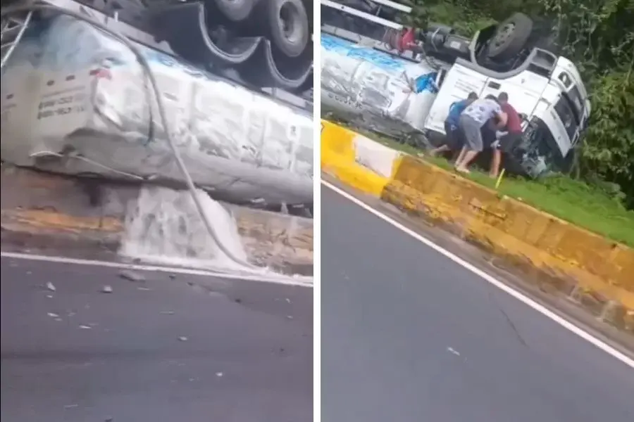 Caminhão-pipa sofre vazamento após colidir contra barreira e tombar na Mogi-Bertioga; VÍDEO