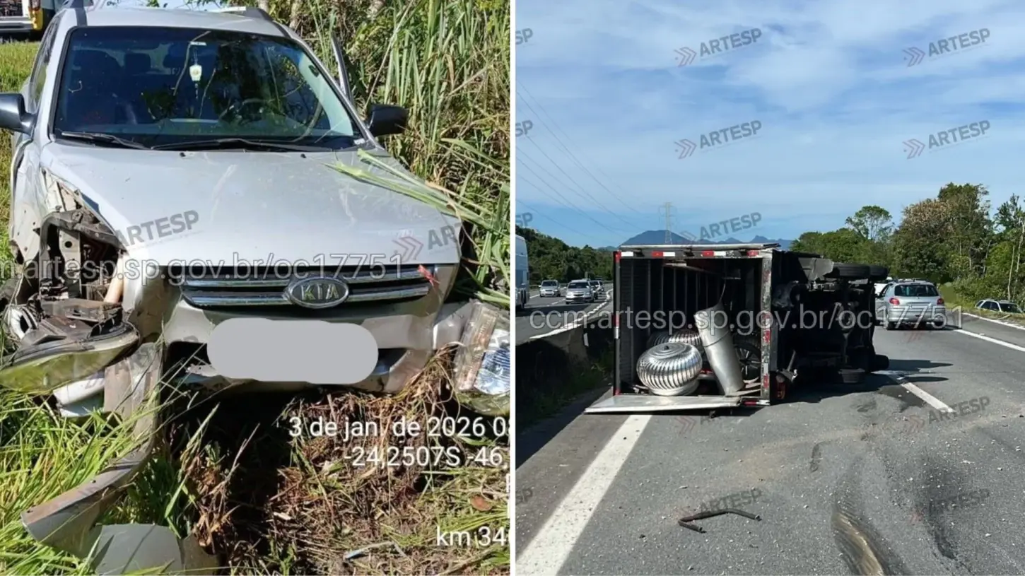 SUV atinge caminhão, perde controle e sai da pista em rodovia de Peruíbe