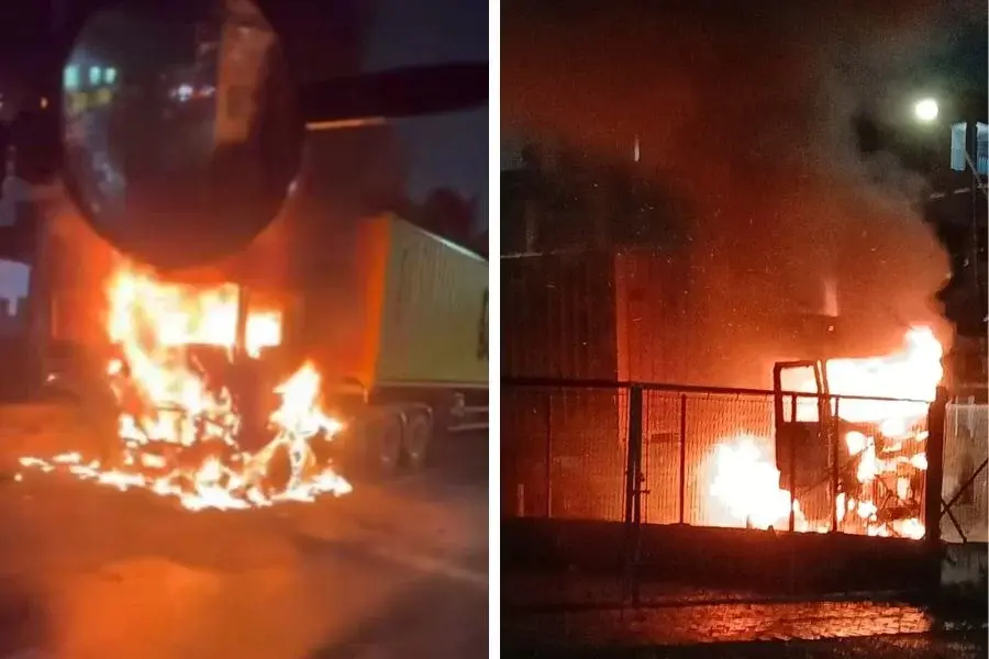 Cabine de caminhão fica destruída após pegar fogo em Vicente de Carvalho