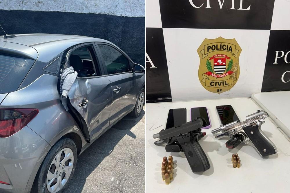 Veículo e armas utilizados nos crimes foram apreendidos em Guarujá, SP — Foto: Polícia Civil