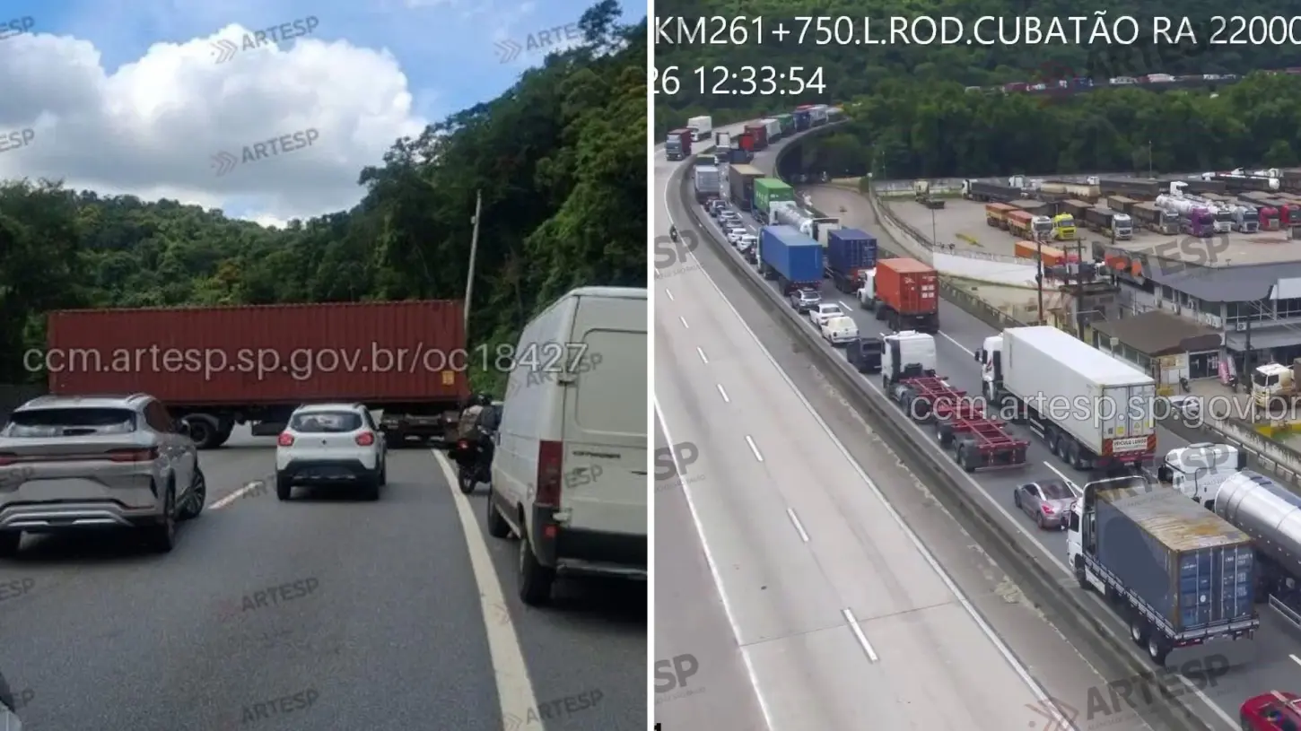 Carreta perde controle após pane e atravessa três faixas na Cônego, em Santos