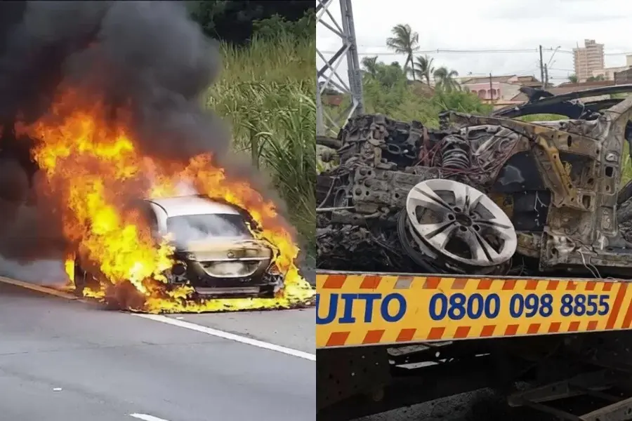 Carro pega fogo e causa interdição de mais de uma hora na Padre Manoel da Nóbrega