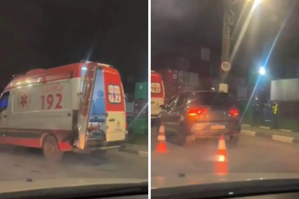 Carro atinge e danifica ambulância do Samu que atendia ciclista e viatura da PM em Guarujá