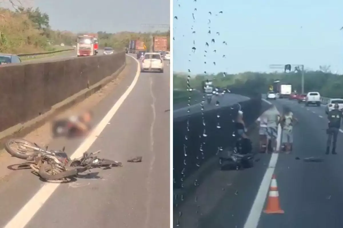 Motociclista é atropelado por carreta, sofre várias fraturas e motorista foge em rodovia do litoral de São Paulo