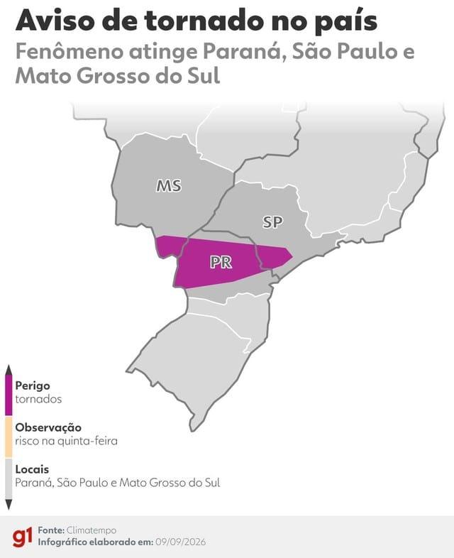 Aviso de tornado no país — Foto: Infográfico/g1