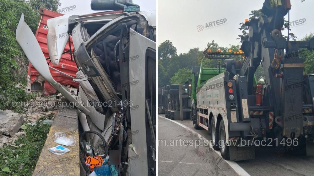 Carreta perde controle em curva, bate contra mureta e tomba na Cônego