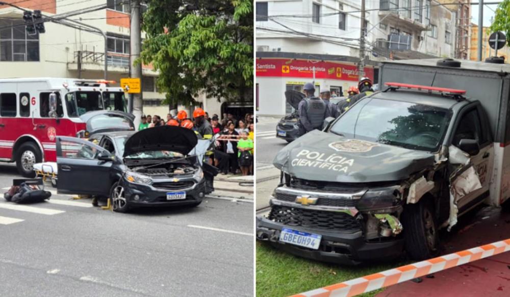 Carro da Polícia Científica bate em veículo em Santos; mulher fica presa nas ferragens