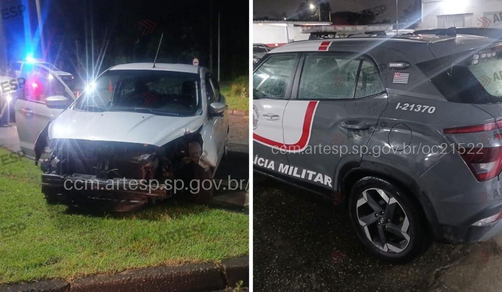 Carro perde controle, bate em placa e colide com viatura da PM em Bertioga