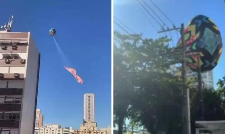 Balão cai no Gonzaga, em Santos, e mobiliza PM e bombeiros; VÍDEO