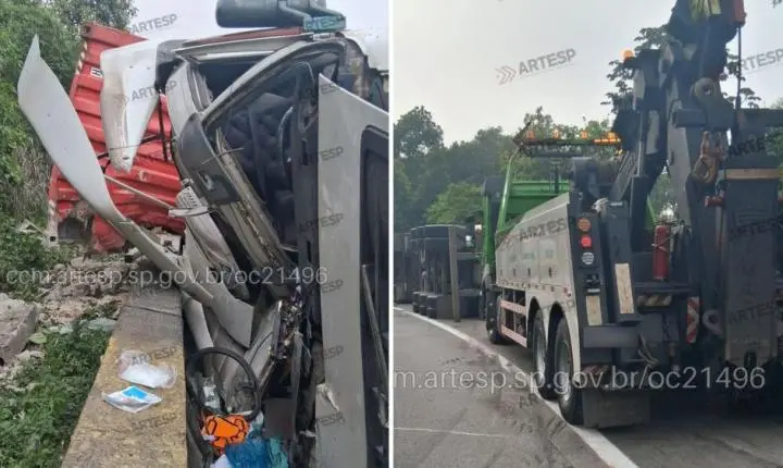 Carreta perde controle em curva, bate contra mureta e tomba na Cônego