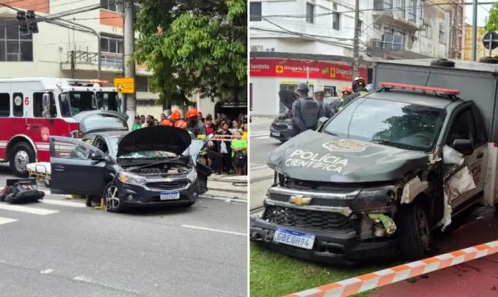 Carro da Polícia Científica bate em veículo em Santos; mulher fica presa nas ferragens