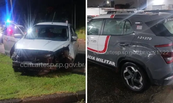 Carro perde controle, bate em placa e colide com viatura da PM em Bertioga